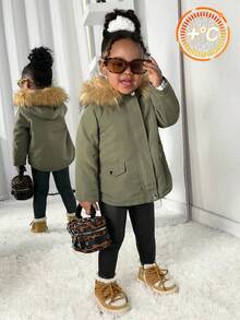 SHEIN Babygirl 休闲百搭军绿色仿皮草连帽夹克，秋冬 - 軍綠色 - 查看 6