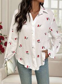 大码女式樱桃印花单排扣长袖衬衫 - 白色 - 查看 6