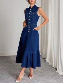 SHEIN Elenzya 女式合身褶皱鱼尾牛仔连衣裙 - 深色水洗藍 - 查看 5