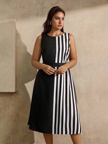 Juhart Plus Size Color Block Striped Round Neck Sleeveless Dress - Multicolor - View 4