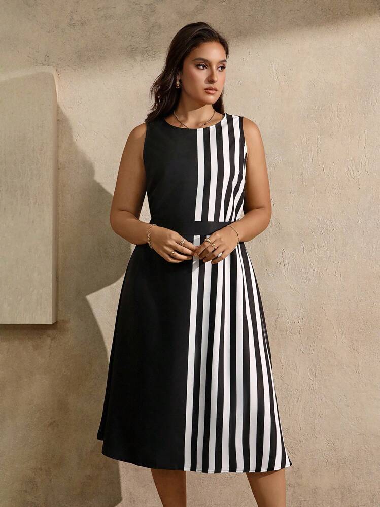 Juhart Plus Size Color Block Striped Round Neck Sleeveless Dress - Multicolor - View 4