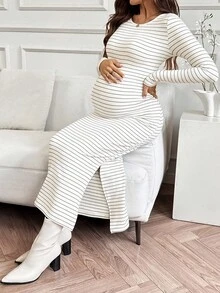 SHEIN 秋装，秋季服装，孕妇装 秋冬孕妇装 撞色条纹圆领长袖连衣裙 孕妇装 长袖孕妇装 孕妇装 条纹孕妇装 孕妇装 - 杏色 - 查看 8