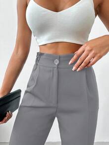 EURMUSE Damen Einfarbige Elegante Büro Hose mit Naht Vorne - Grau - Übersicht 5