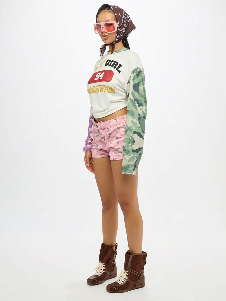 SUMWON Denim High Waisted Camo Print Booty Shorts Festival Summer Beach Party Hot Pants Cut Off Frayed Jean Bottoms