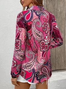 SHEIN Holidaya 佩斯利印花單排釦落肩袖襯衫 - 玫紅色 - 查看 2
