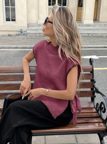 Serisse Áo vest dệt kim dáng rộng cổ đứng viền hoa buộc bên hông dành cho nữ vào mùa thu/đông - Đỏ - Xem 3