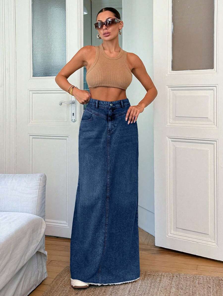 100% Cotton Low Waist Denim Wide Hem Denim Skirt - Dark Wash - View 1
