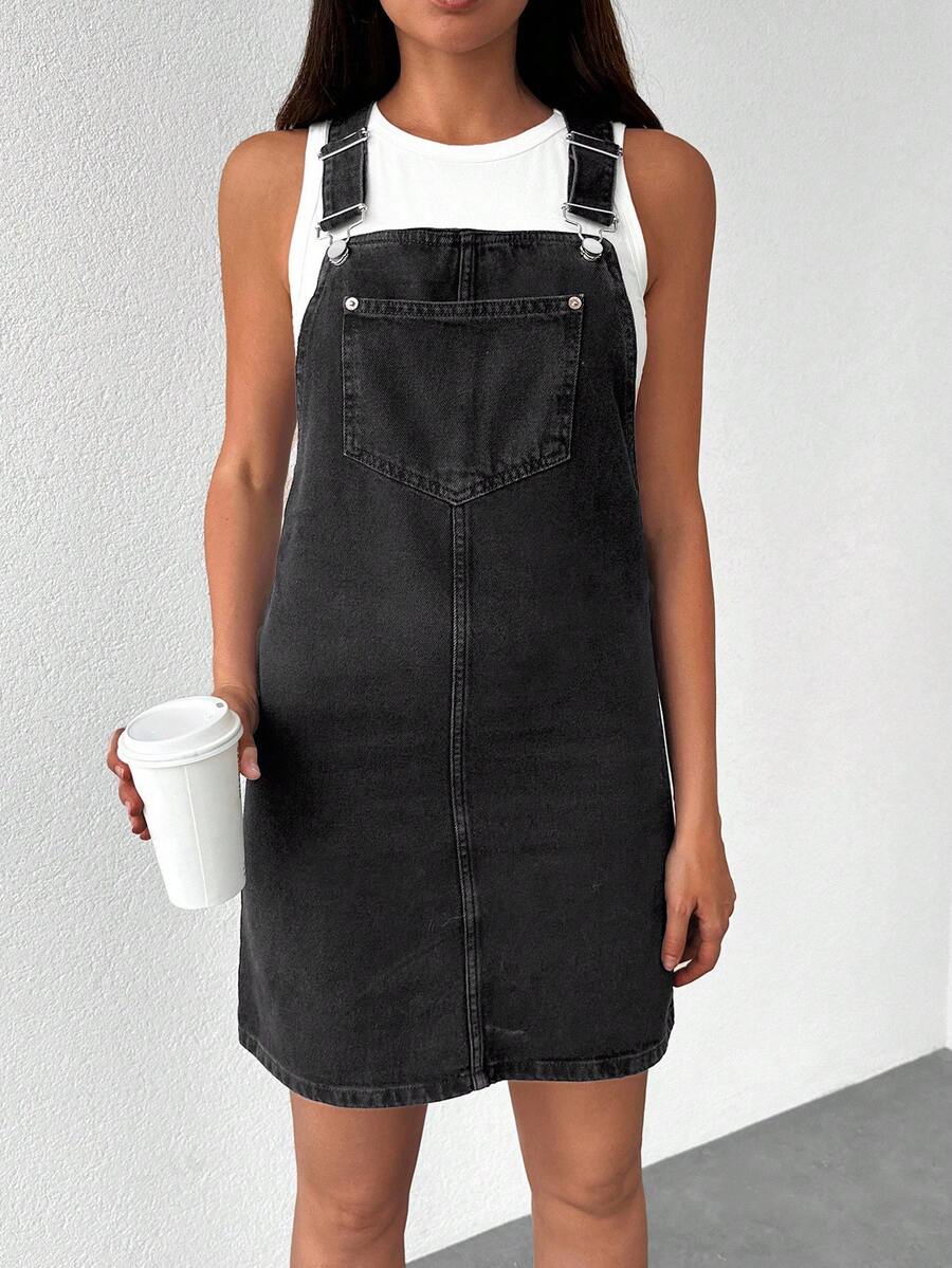 EURMUSE Women's Casual Loose Pocket Design Denim Pinafore Dress - Light Grey - View 1