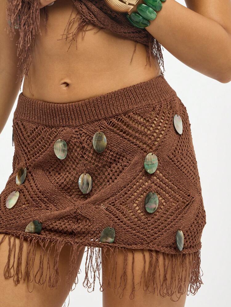 SUMWON WOMEN Crochet Knit Mini Skirt With Shell Details And Fringe