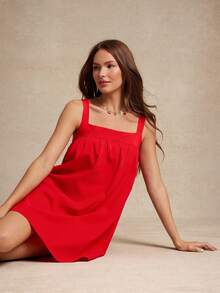 WESTFADE 纹理编织方领斜口袋迷你娃娃裙夏季西部牛仔女郎海滩度假装 - 紅色 - 查看 7