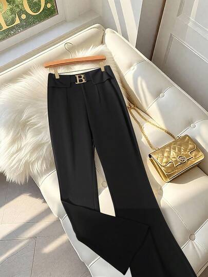 GlowEve Women's Elegant Solid Color Metal Decor Flared Suit Pants, Black
