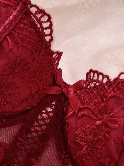 Esselle Wit Romantic Long BH Lingerie Set Rood Kanten Bordeaux Slipje Maroon view 5