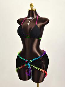 Zestiva Summer Beach Contrast Neon Trim Halter Triangle Bikini Top Bathing Suit - Black - View 4