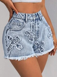 SHEIN ICON Quần short denim sáng màu thường ngày có viền tua rua dành cho nữ - Rửa nhẹ - Xem 8