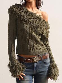 Bohemela Áo len dài tay hở vai họa tiết cáp màu trơn chắp vá thời trang cho nữ vào mùa thu/đông - màu xanh lá - Xem 5