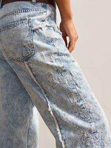 Bohemela 波西米亚乡村度假复古休闲纯色刺绣梭织宽松直筒女裤 - 淺藍色 - 查看 7