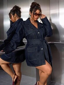 SHEIN ICON Plus Size Women's Fashionable Casual Dark Color Tie-Up Long Jacket Party - Dark Wash - View 3