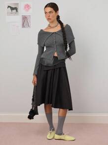 COUREZ Off The Shoulder Button Front Rib Knit Jumper /Y2K Going Out Outfits  Women Clothes  Clothes Cute Spring Sexy Going Out Tops - Dark Grey - View 2