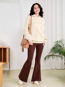 Sparklyn 2 件套少女秋季城市名称 3D 图案针织连帽衫和针织喇叭裤服装 - 杏色 - 查看 6