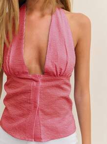 Nöista 女士露背吊带上衣，格子图案，度假夏季风格 - 西瓜粉 - 查看 3