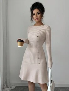 Elenzga Women's Solid Color Round Neck Long Sleeve Button Design Knitted Dress Fall Winter Cloth For Women - Maroon - View 4