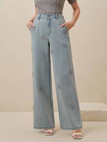 Anewsta Quần jean denim xanh nhạt đính đá sang trọng dành cho nữ - Rửa nhẹ - Xem 5