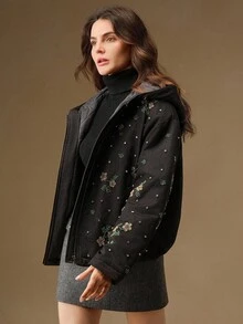 Anewsta Women's Elegant Black & Gray Denim Floral Embroidered & Rhinestone Decorated Hooded Winter Coat, Suitable For Autumn, Fall, Winter, Going Out, Formal, Party, Chic, New Year, Graduation