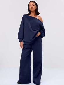 EURMUSE Loose Fit Asymmetrical Shoulder Sweatshirt Long Sleeve Tops - Navy Blue - View 4