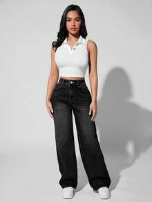 EURMUSE Quần jeans ống đứng bỏ túi thời trang thường ngày dành cho nữ - màu đen - Xem 3