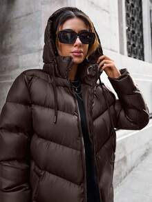 EURMUSE Hooded Double Pocket Puffer Winter Coat - Coffee Brown - View 6
