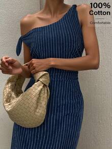 Siren Gaze Váy dài ôm sát cổ bất đối xứng họa tiết sọc đơn giản dành cho nữ - Màu xanh hải quân - Xem 6