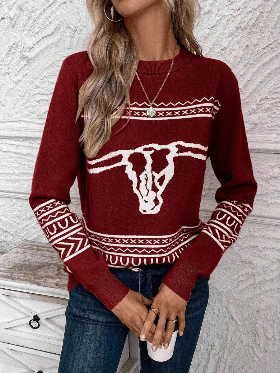 EURMUSE Jesienno-zimowy sweter z okrągłym dekoltem w kontrastowym kolorze, wzorem wołu, swobodny i wygodny - Burgund - Zobacz 1