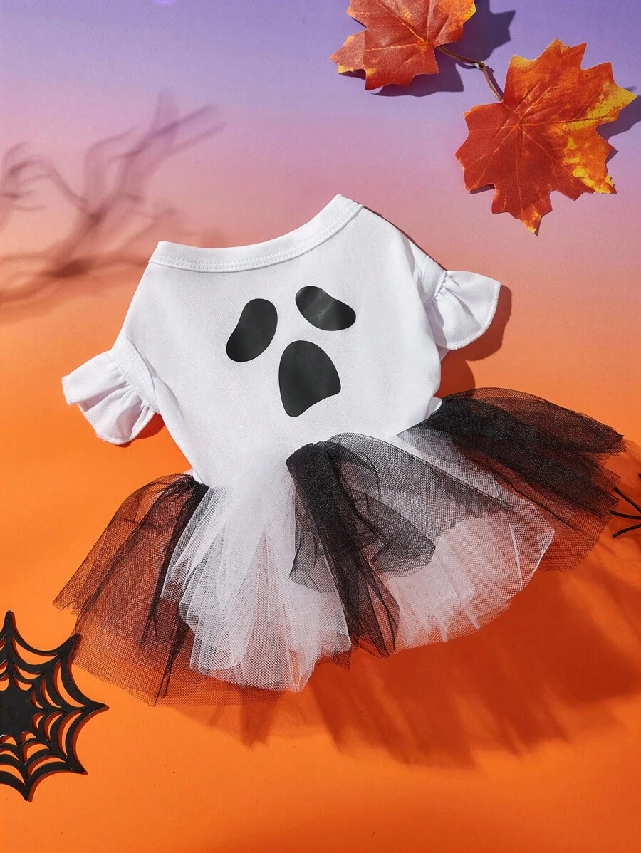 1pc Cartoon Scary Face Print White Mesh Patchwork Halloween Pumpkin Cute Cap Sleeve Dog Dress, Suitable For Cats And Dogs, For Halloween Party, PETSIN Original Design - Multicolor - View 1