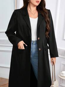 Modelyn 大码纯色翻领插肩袖时尚百搭单排扣夹克 - 黑色 - 查看 3