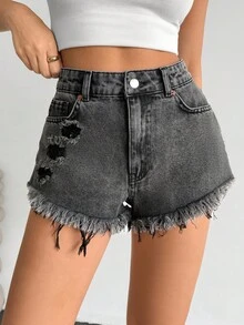 EURMUSE High Waist Frayed Hem Denim Shorts, Fashionable For Summer Women Short Outfits Short Jeans Women Summer Outfits Summer Outfits For Women Women Summer Clothing Women Plus Clothing Shorts Women S Bottoms Woman S Summer Clothes Women Short Sets - Dark Grey - View 5