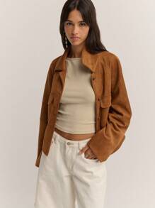 Nöista Noista 常规款棕色绒面革夹克配有大前袋和金属纽扣，适合返校、女士服装、音乐会，非常适合休闲、秋季、波西米亚风、休闲、休闲、可爱的返校和办公室女士服装。