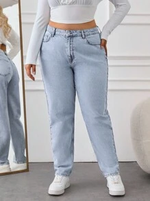 SHEIN Cottnline 100% Baumwolle Plus hohe Taille Mom Fit Jeans - Helle Waschung - Übersicht 6