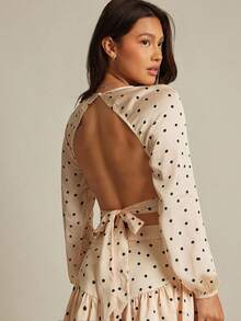 WESTFADE Polka Dot Satin V Neck Bow Tie Back Long Sleeve Crop Top Fall, Autumn, Winter, Casual Cute, Boho Cowgirl, Nashville Country Western Concert - Apricot - View 1