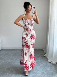 SHEIN Elenzya Váy thiết kế xẻ tà, thắt nơ eo, dây mảnh dành cho nữ mới, đa năng cho các buổi hẹn hò, tiệc tùng, mặc hàng ngày, tôn dáng và thanh lịch - Đỏ - Xem 6