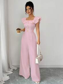 Elenzga Bộ đồ liền thân thắt lưng giả cổ vuông phối bèo nhún mới cho nữ, bộ đồ liền thân cạp cao thanh lịch, thoải mái khi đi làm hàng ngày - Hồng - Xem 9