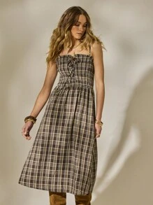 Aralina 夏季秋季冬季西部格子金汉褶皱迷你连衣裙乡村音乐会服装 - 彩色 - 查看 7