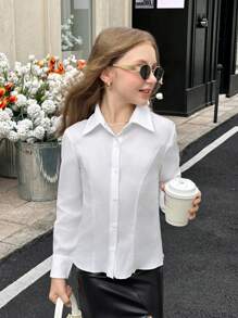 SHEIN Tween 女童休闲轻质纹理面料纽扣衬衫，带领和荷叶边下摆，适合夏季和秋季日常穿着 - 白色 - 查看 5