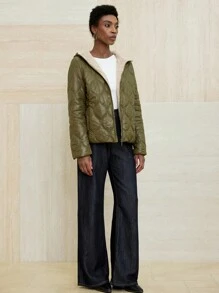 GENKIRA Abrigo acolchado para mujer con forro elegante y de moda, polar suave y cómodo, diseño clásico de pespunte acolchado - Verde militar - Ver 3