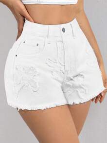 SHEIN ICON 女式休闲浅色磨边牛仔短裤 - 白色 - 查看 3
