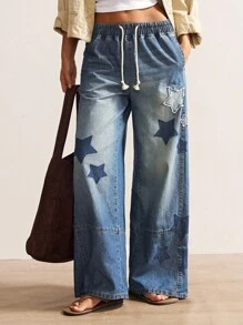 Bohemela 女士休闲纯色梭织牛仔裤，波西米亚复古风格，秋冬 - 藍色 - 查看 2