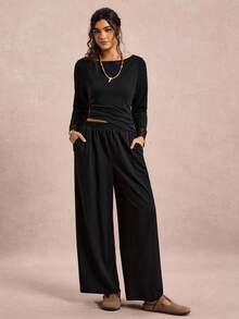 SHEIN VCAY Ensemble 2 pièces femme grande taille, Top plissé à manches longues de couleur unie et pantalon large, tenue décontractée - Noir - Voir 3