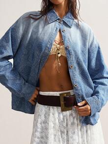 Bohemela Casual Woven Denim Long Sleeve Loose Blouse For Women - Blue - View 5