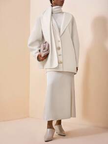 Zivah 2025 Autumn/Winter New Elegant White Woven Lantern Sleeve Mid-Length Woven Coat,Fall - Beige - View 7