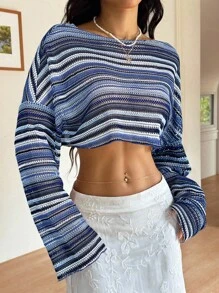 SHEIN EZwear 女式彩色条纹长袖上衣，夏季 - 藍白色 - 查看 5