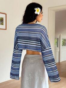 SHEIN EZwear 女式彩色条纹长袖上衣，夏季 - 藍白色 - 查看 6